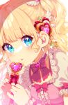  1girl backlighting bangs blonde_hair blue_eyes blush bow commentary_request crescent dress eyebrows_visible_through_hair hair_ornament heart heart_hair_ornament highres holding holding_wand long_hair looking_at_viewer magical_girl mamyouda original parted_lips pink_dress puffy_short_sleeves puffy_sleeves red_bow short_sleeves simple_background solo two_side_up upper_body wand white_background 