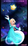  1girl absurdres arm_up artist_name bare_shoulders blue_dress blue_eyes character_name crown dress earrings eyelashes frilled_sleeves frills glowing hair_over_one_eye highres jewelry luma_(mario) mini_crown open_mouth rosalina sarukaiwolf smile space star_(symbol) star_bit star_earrings super_mario_bros. super_mario_galaxy wand 