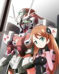  1girl aida_rayhunton bodysuit commentary_request g-arcane green_eyes gundam gundam_g_no_reconguista hamada_sukaru highres long_hair mecha orange_hair photoshop_(medium) pilot_suit pink_bodysuit 