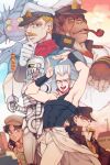  1girl 6+boys blonde_hair blue_eyes cabbie_hat captain_tennille dark_blue_moon facial_hair flattop forever_(jojo) gloves grey_hair hat highres jean_pierre_polnareff jojo_no_kimyou_na_bouken kujo_jotaro military military_hat military_uniform multiple_boys mustache orangutan overskirt pipe pose rapier runaway_girl_(jojo) sempon_(doppio_note) silver_chariot smoking stand_(jojo) stardust_crusaders strength_(stand) sword uniform weapon 