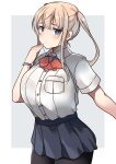  1girl absurdres black_legwear black_skirt blonde_hair blue_eyes blush border breast_pocket buttons closed_mouth collared_shirt cowboy_shot dyson_(edaokunnsaikouya) graf_zeppelin_(kancolle) hair_between_eyes highres kantai_collection long_hair pantyhose pleated_skirt pocket shirt short_sleeves sidelocks skirt solo twintails white_border white_shirt 