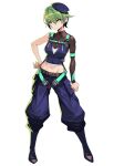  1girl akutsu_kyoka_(dohna_dohna) arm_at_side breasts closed_mouth dohna_dohna_issho_ni_warui_koto_o_shiyou green_hair hand_on_hip hat medium_breasts multicolored_eyes navel official_art pants red_eyes shoes short_hair simple_background solo standing tomoyuki_kotani transparent_background 