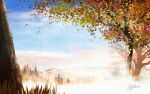  artist_name autumn_leaves bare_tree blue_sky clouds commentary_request day fog grass mountainous_horizon no_humans original outdoors scenery signature sky tree waisshu_(sougyokyuu) 