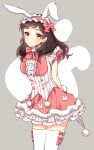  1girl animal_ears arms_behind_back bow bowtie brown_eyes brown_hair closed_mouth dress_shirt fake_animal_ears fake_tail fur-trimmed_skirt fur_trim grey_background headdress idolmaster idolmaster_million_live! kitazawa_shiho layered_skirt long_hair miniskirt pink_bow pink_bowtie pink_shirt rabbit_ears rabbit_tail shirt skirt sleeveless sleeveless_shirt solo standing striped tail thigh-highs touon vertical_stripes white_legwear zettai_ryouiki 