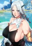  1girl bare_shoulders breasts cleavage_cutout clothing_cutout cloud_retainer_(genshin_impact) collarbone detached_sleeves eyes_visible_through_hair genshin_impact hair_ornament highres humanization large_breasts lips long_hair skindentation solo upper_body xter 