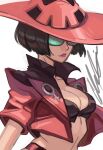  1girl breasts brown_hair calvin_sims cleavage collared_jacket eyewear female glasses guilty_gear hat i-no jacket lipstick medium_breasts midriff navel open_jacket pink_lipstick short_hair signature simple_background skull solo upper_body white_background witch_hat 