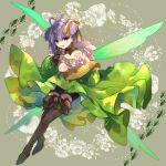  1girl :d bike_shorts boots brown_footwear brown_gloves cyawa dress fairy_wings fate/grand_order fate_(series) full_body gloves green_dress hair_ribbon hand_up highres looking_at_viewer muryan_(fate) open_mouth purple_hair ribbon smile solo thigh-highs thigh_boots violet_eyes wings yellow_ribbon 