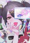  1girl absurdres acid_trip ame-chan_(needy_girl_overdose) black_bow black_hair black_nails blue_eyes blue_hair bow chouzetsusaikawa_tenshi-chan dress drugs extra_eyes eyebrows_visible_through_hair eyelashes grey_eyes hair_bow hand_on_own_face highres internet looking_at_viewer lsd multicolored_hair nail_polish needy_girl_overdose one_eye_covered phone pink_bow pink_hair purple_bow screen short_hair sidelocks solo tendosora tongue tongue_out twintails white_hair 