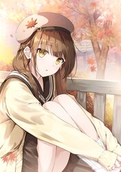  1girl absurdres autumn bangs beret black_sailor_collar black_skirt blurry blurry_background blush braid brown_cardigan brown_hair cardigan commentary_request daidai_(daidai826) eyebrows_visible_through_hair feet_out_of_frame hat highres knees_up leaf leaves_in_wind long_hair long_sleeves looking_at_viewer maple_leaf original outdoors parted_lips pleated_skirt railing sailor_collar scenery sitting skirt sleeves_past_wrists socks solo tree uniform white_headwear white_legwear yellow_eyes 