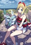  1girl absurdres blonde_hair eyebrow_cut forked_tail glaceon highres irida_(pokemon) knees pokemon pokemon_(game) pokemon_legends:_arceus red_headwear red_shirt shirt short_hair shorts solo strapless strapless_shirt tail tamago_sando white_shorts 