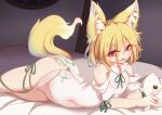  1girl absurdres animal_ear_fluff animal_ears bare_shoulders blonde_hair dior-zi eyebrows_visible_through_hair fox_ears fox_tail hair_between_eyes highres holding holding_test_tube kudamaki_tsukasa looking_at_viewer lying navel on_bed on_stomach open_mouth romper short_hair smile solo tail test_tube touhou yellow_eyes 