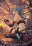  1girl absurdres ammunition bangs black_footwear blue_hair boots braid clouds cloudy_sky crop_top elbow_gloves fingerless_gloves fishbones_(jinx) flat_chest floating_hair from_side full_body gatling_gun gloves gun hayanpool highres holstered_weapon jinx_(league_of_legends) lamppost league_of_legends long_hair looking_afar minigun own_hands_together pink_eyes purple_shorts rocket short_shorts shorts sky solo squatting thigh_strap twin_braids very_long_hair weapon 