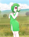  1girl :o bare_shoulders blush bob_cut breasts day dress eyebrows eyebrows_visible_through_hair eyelashes feet_out_of_frame from_side gardevoir green_dress green_hair hair_ornament hair_over_one_eye hairclip hands_up highres hips kionant looking_at_viewer medium_breasts medium_hair no_panties outdoors parted_lips photo_background pokemon pokemon_(creature) red_eyes signature solo standing thick_thighs thighs white_skin wide_hips 