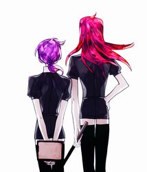  black_shorts crossover crystal_hair diavolo from_behind gem_uniform_(houseki_no_kuni) houseki_no_kuni jojo_no_kimyou_na_bouken pink_hair polka_dot_hair ponytail puffy_short_sleeves puffy_sleeves purple_hair sempon_(doppio_note) short_sleeves shorts thigh-highs vento_aureo vinegar_doppio 