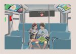  1boy 1girl :d absurdres bag black_hair book brown_hair bus_interior child friends hair_ornament happy highres holding holding_book macaronk original shirt shorts sitting smile twintails 
