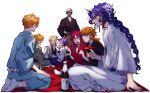  6+boys alcohol bandage_on_face bandages battle_tendency black_lips blanket blonde_hair cup curly_hair dark-skinned_male dark_skin diamond_wa_kudakenai diavolo diego_brando dio_brando enrico_pucci fang funny_valentine hair_up hakama hanami headband highres horns japanese_clothes jojo_no_kimyou_na_bouken kars_(jojo) kimono kira_yoshikage long_hair multiple_boys phantom_blood picnc polka_dot_hair ponytail purple_hair red_eyes sakazuki sake seiza sempon_(doppio_note) short_ponytail sitting stardust_crusaders steel_ball_run stone_ocean vento_aureo vinegar_doppio wavy_hair yukata 