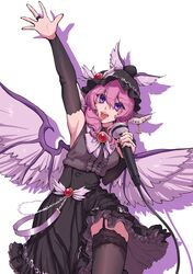  1girl absurdres arm_up black_dress black_legwear bridal_gauntlets dress garter_straps hat highres lace-trimmed_legwear lace_trim microphone mystia_lorelei open_mouth pink_hair stank thigh-highs touhou violet_eyes wings 