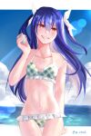  1girl absurdres arm_behind_back bangs bare_arms bikini blue_hair bow brown_eyes collarbone cowboy_shot fairy_tail flat_chest floating_hair frilled_bikini frills grin hair_between_eyes hair_bow halterneck head_tilt highres long_hair looking_at_viewer lowleg lowleg_bikini navel open_mouth shiny shiny_hair smile solo standing swimsuit thigh_gap tsaishanny twintails twitter_username very_long_hair wendy_marvell white_bow 