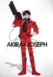  1boy akira battle_tendency belt black_hair blue_eyes boots cosplay cyberpunk energy_gun gloves highres jacket jojo_no_kimyou_na_bouken joseph_joestar joseph_joestar_(young) kaneda_shoutarou kaneda_shoutarou_(cosplay) laser_rifle pants red_footwear red_gloves red_jacket red_pants sam_browne_belt sempon_(doppio_note) shadow solo weapon 