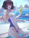  1girl bangs black_eyes black_hair breasts competition_swimsuit highres holding holding_water_gun kaoming nanjou_ao navel one-piece_swimsuit open_mouth original poolside see-through short_hair sitting solo_focus swimsuit teeth water water_gun white_swimsuit 