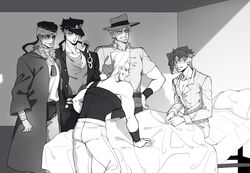  5boys bandages bandages_over_eyes beard bed facial_hair gakuran greyscale hat hierophant_green jean_pierre_polnareff jojo_no_kimyou_na_bouken kakyoin_noriaki kujo_jotaro long_coat mohammed_avdol monochrome multiple_boys on_bed pajamas school_uniform sempon_(doppio_note) stardust_crusaders 