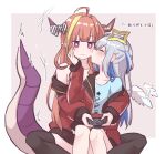  2girls ^^^ ahoge amane_kanata angel_wings asymmetrical_hair bangs bare_shoulders beige_background black_legwear blue_hair blunt_bangs blush bow closed_eyes colored_inner_hair controller diagonal-striped_bow dragon_girl dragon_horns dragon_tail eyebrows_visible_through_hair fang feathered_wings flapping game_controller halo hand_on_another&#039;s_cheek hand_on_another&#039;s_face hololive horn_bow horn_ornament horns indian_style jacket kiryu_coco kiss long_hair long_sleeves mini_wings motion_lines multicolored_hair multiple_girls natataebi off_shoulder orange_hair pointy_ears pp_tenshi_t-shirt red_eyes silver_hair sitting sitting_on_lap sitting_on_person skin_fang star_halo streaked_hair striped striped_bow sweatdrop tail thigh-highs track_jacket two-tone_background violet_eyes virtual_youtuber white_background white_wings wings yuri 