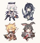  1boy 3girls ahoge animal_ear_fluff animal_ears april_(arknights) arknights bandaged_leg bandages bangs black_footwear black_hair black_jacket black_pants blonde_hair blue_eyes blush_stickers bow_(weapon) brown_eyes chibi closed_mouth commentary english_commentary executor_(arknights) eyebrows_visible_through_hair grey_background grey_eyes gun hair_between_eyes hair_intakes hair_ornament hairclip halo highres holding holding_bow_(weapon) holding_gun holding_weapon jacket la_pluma_(arknights) loafers melanbread multiple_girls notched_ear open_clothes open_jacket pants sandals shoes silver_hair simple_background tail toeless_footwear vermeil_(arknights) weapon white_footwear white_jacket 