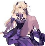  1girl absurdres asymmetrical_legwear black_eyepatch blonde_hair boots bow bowtie closed_mouth commentary dress elbow_gloves eyepatch fischl_(genshin_impact) full_body genshin_impact gloves green_eyes hand_up highres looking_at_viewer one_eye_covered pantyhose purple_bow purple_bowtie purple_dress purple_footwear purple_gloves purple_legwear rippajun simple_background sitting sleeveless sleeveless_dress solo sparkle thigh-highs two_side_up white_background 