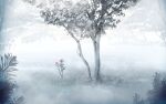  bush commentary_request flower fog forest grass monochrome nature no_humans original red_flower scenery spot_color tree waisshu_(sougyokyuu) white_theme 