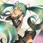  159cm 1girl black_legwear black_skirt blush collared_shirt cowboy_shot detached_sleeves finger_to_mouth fingernails floating_hair green_hair green_nails green_necktie grey_shirt hair_between_eyes hand_up hatsune_miku highres long_hair looking_at_viewer miniskirt nail_polish necktie one_eye_closed pleated_skirt shirt shushing skirt smile solo thigh-highs twintails very_long_hair vocaloid wind wind_lift wing_collar 