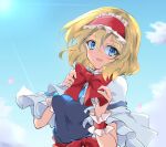  1girl alice_margatroid ascot blonde_hair blue_dress blue_eyes capelet dress frilled_ascot frills hairband highres ichimura_kanata lolita_hairband puffy_short_sleeves puffy_sleeves red_hairband red_neckwear short_hair short_sleeves solo touhou 