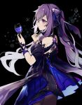  1225ka 1girl bare_shoulders black_background black_bow black_dress blue_dress bow champagne_flute cup double_bun dress drinking_glass genshin_impact hair_ornament highres keqing_(genshin_impact) keqing_(opulent_splendor)_(genshin_impact) long_hair multicolored_clothes multicolored_dress open_mouth pantyhose purple_hair simple_background twintails violet_eyes 