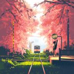  1girl absurdres bysau cherry_blossoms day ground_vehicle highres looking_away original outdoors railroad_tracks scenery solo train tree 