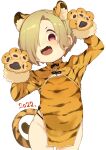  1girl 2022 animal_ears animal_hands animal_print china_dress chinese_clothes chinese_zodiac dated dress ear_piercing fake_animal_ears gloves hair_over_one_eye hands_up highres idolmaster idolmaster_cinderella_girls long_sleeves looking_at_viewer new_year open_mouth paw_gloves paw_pose pelvic_curtain piercing red_eyes shirasaka_koume short_dress short_hair shrug_(clothing) side_slit simple_background solo standing takato_kurosuke teeth tiger_ears tiger_print white_background year_of_the_tiger yellow_dress 