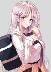  1girl alternate_costume azur_lane bag bangs black_necktie breasts cellphone clothes_around_waist collared_shirt eating enterprise_(azur_lane) grey_background jacket jacket_around_waist large_breasts long_hair long_sleeves necktie phone schreibe_shura shirt silver_hair simple_background smartphone solo very_long_hair violet_eyes white_shirt 