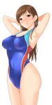  1girl absurdres armpits arms_behind_head blue_swimsuit competition_swimsuit cowboy_shot highleg highleg_swimsuit highres idolmaster idolmaster_cinderella_girls looking_at_viewer multicolored_clothes multicolored_swimsuit nitta_minami one-piece_swimsuit pachio parted_lips simple_background solo standing swimsuit wet wet_clothes wet_swimsuit white_background 