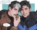  2boys batman_(series) black_bodysuit black_hair black_shirt blue_bodysuit blue_eyes bodysuit brothers brown_jacket cookie dc_comics dick_grayson eating food highres holding holding_cookie holding_food holding_phone jacket jason_todd looking_at_another male_focus multicolored_hair multiple_boys nightwing open_clothes open_jacket phone red_hood_(dc) selfie shirt short_hair siblings sideburns smile teeth two-tone_bodysuit two-tone_hair upper_body white_hair yaoyao794 