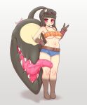  1girl bad_id bad_twitter_id bandeau bangs black_hair blue_shorts blunt_bangs blush breasts denim denim_shorts extra_mouth eyebrows_visible_through_hair fewer_digits full_body gradient_skin hand_on_hip humanization kionant long_hair looking_at_viewer mawile micro_shorts navel parted_lips pokemon pokemon_(creature) red_eyes saliva shorts solo strapless sunglasses tube_top under_boob v wristband 