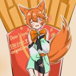  1boy androgynous animal_ears belt blush closed_eyes congratulations fangs fox_boy fox_ears fox_tail garter_straps idconnect+ long_sleeves mameru21 orange_hair pale_skin short_shorts shorts smile tail thigh-highs virtual_youtuber voyni_fox 