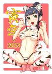  1girl 2022 animal_ears animal_print bikini black_hair breasts chinese_zodiac commentary_request curled_fingers full_body green_eyes hamaguchi_ayame highres idolmaster idolmaster_cinderella_girls medium_breasts rakukisa scarf sidelocks smile solo squatting swimsuit tail thigh-highs tiger_ears tiger_print tiger_tail white_bikini white_legwear white_scarf year_of_the_tiger 