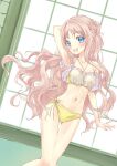  1girl :d absurdres arm_behind_head arm_up armpits atelier_(series) atelier_meruru ateliermiyama bangs bare_arms bare_legs bikini blue_eyes blush braid breasts collarbone eyebrows_visible_through_hair floating_hair french_braid highres indoors long_hair merurulince_rede_arls nail_polish navel open_mouth pink_hair pink_nails side-tie_bikini sketch small_breasts smile solo standing swimsuit thigh_gap very_long_hair yellow_bikini 