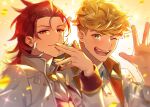  2boys bangs blonde_hair blush closed_mouth collared_shirt confetti feather_boa granblue_fantasy green_eyes hand_up idol jacket looking_at_viewer male_focus multiple_boys necktie official_alternate_costume one_eye_closed open_clothes open_jacket open_mouth percival_(granblue_fantasy) red_eyes redhead satoimo_sanda shirt short_hair smile undercut upper_body vane_(granblue_fantasy) white_jacket white_shirt 