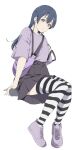  1girl bangs black_skirt blue_hair full_body highres long_hair looking_at_viewer love_live! love_live!_school_idol_project purple_shirt sato_uma shirt short_sleeves simple_background sitting skirt solo sonoda_umi striped striped_legwear swept_bangs thigh-highs white_background yellow_eyes 