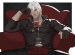  1boy armchair bangs belt black_gloves black_jacket black_pants blue_eyes chair chest_harness closed_mouth dante_(devil_may_cry) devil_may_cry_(series) devil_may_cry_5 facial_hair flower gloves hair_over_one_eye harness high_collar highres jacket large_pectorals looking_at_viewer male_focus muscular muscular_male pants partially_fingerless_gloves pectorals red_flower red_pants red_rose rose short_hair sitting solo stubble two-tone_pants white_hair yaoyao794 