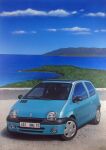  acrylic_paint_(medium) atelier_masaki blue_sky car clouds commentary_request day ground_vehicle highres horizon license_plate motor_vehicle mountain no_humans ocean original outdoors painting_(medium) renault renault_twingo scenery sky traditional_media tree vehicle_focus water 