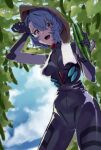  1girl :d ayanami_rei blue_hair blue_sky bodysuit clouds cucumber evangelion:_3.0+1.0_thrice_upon_a_time food from_below hand_up hat highres holding holding_food looking_at_viewer multicolored_bodysuit multicolored_clothes neon_genesis_evangelion open_mouth outdoors plugsuit rebuild_of_evangelion red_eyes short_hair skin_tight sky smile solo standing straw_hat tree tree_shade yagisawa_teru 