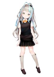  1girl blue_hair blush bow bowtie cardigan_vest collared_shirt commentary_request full_body gradient_eyes grey_hair hair_bow hair_bun head_tilt henreader indie_virtual_youtuber kneehighs loafers long_hair multicolored_eyes multicolored_hair parted_lips pleated_skirt shirt shoes short_sleeves skirt solo two-tone_hair virtual_youtuber 