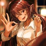 159cm 1girl :d animal_ears blush brown_eyes brown_hair collared_shirt earrings head_tilt jewelry long_hair long_sleeves looking_at_viewer necklace one_eye_closed original shirt smile solo upper_body white_shirt wine-chan_(159cm) wing_collar 