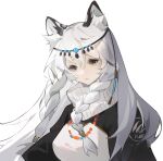  1girl animal_ears arknights black_coat braid brown_eyes closed_mouth coat commentary_request head_chain highres kjerag_logo laoxianyua leopard_ears long_hair looking_at_viewer pramanix_(arknights) simple_background solo turtleneck twin_braids upper_body white_background white_hair 