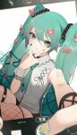  1girl aqua_eyes aqua_hair aqua_necktie bandaid bangs bare_shoulders blush breasts brown_shorts closed_mouth collared_shirt commentary_request cross-laced_clothes fishnet_legwear fishnets grey_shirt hair_between_eyes hair_ornament hand_on_own_face hand_up hatsune_miku heart heart_hair_ornament hiiragi_mikoto jewelry long_hair looking_at_viewer nail_art nail_polish necktie outstretched_arm phone_screen ring selfie shirt short_shorts shorts shoulder_tattoo sleeveless small_breasts smile solo tattoo thigh-highs thigh_strap twintails v very_long_hair vocaloid white_background wrist_cuffs 